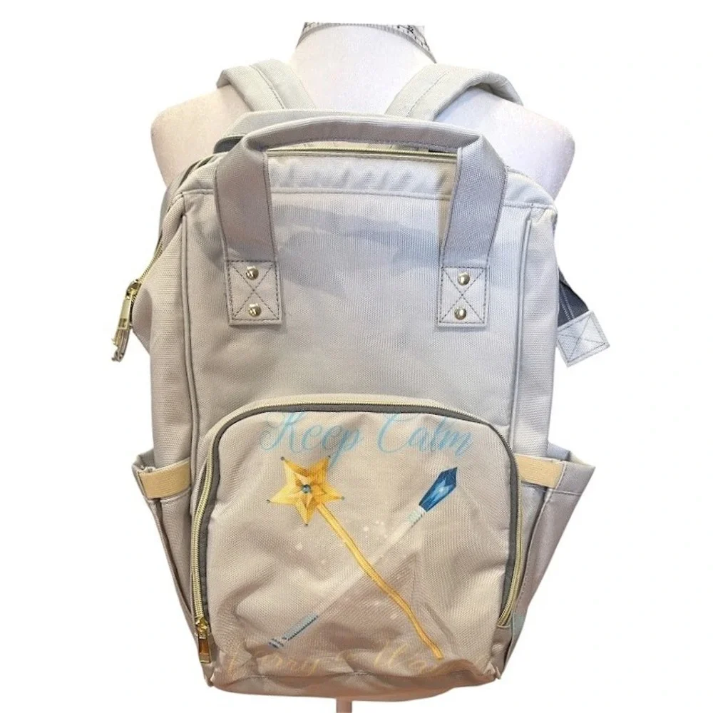 Keep Calm Carry a Wand Gray Backpack Diaper Bag Wide Mouth‎ Multi-Pocket Wizard